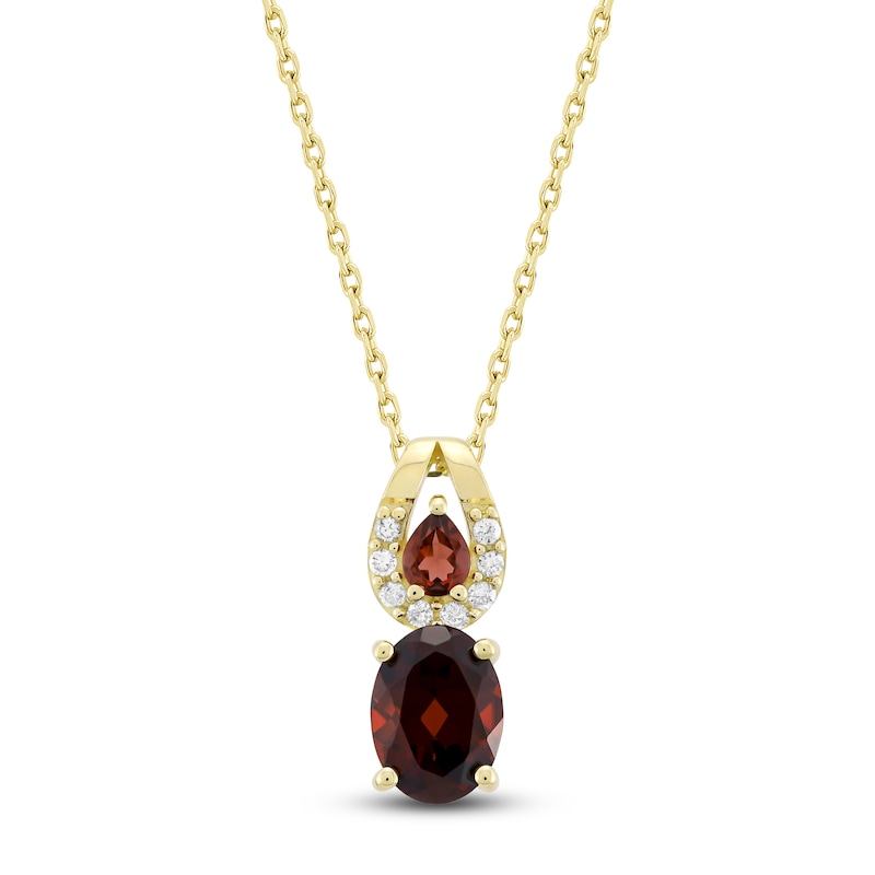 Oval & Pear-Shaped Natural Garnet & Diamond Double Drop Necklace 1/15 ct tw 10K Yellow Gold 18"