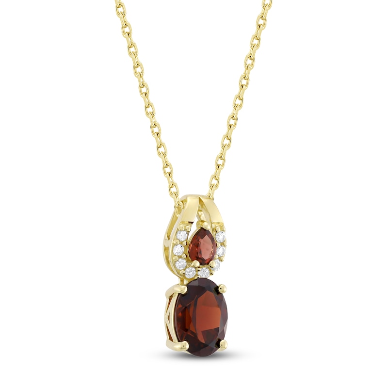 Oval & Pear-Shaped Natural Garnet & Diamond Double Drop Necklace 1/15 ct tw 10K Yellow Gold 18"