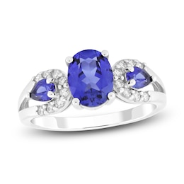 Oval & Pear-Shaped Ceylon Lab-Created Sapphire & Diamond Ring 1/6 ct tw 10K White Gold