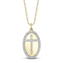 Shy Creation Diamond Oval Cross Necklace 1/6 ct tw 14K Yellow Gold 18" SC55026949RD