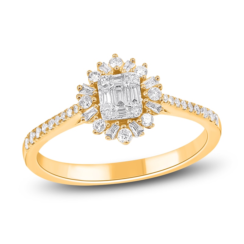 Main Image 1 of Baguette & Round-Cut Multi-Diamond Starburst Halo Promise Ring 1/3 ct tw 10K Yellow Gold