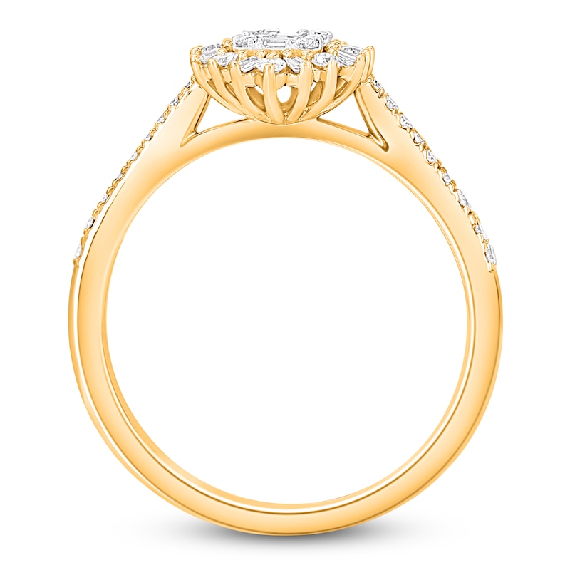 Main Image 2 of Baguette & Round-Cut Multi-Diamond Starburst Halo Promise Ring 1/3 ct tw 10K Yellow Gold