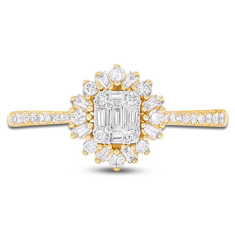 Main Image 3 of Baguette & Round-Cut Multi-Diamond Starburst Halo Promise Ring 1/3 ct tw 10K Yellow Gold