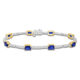 Rectangle-Cut Blue Lab-Created Sapphire & White Lab-Created Sapphire Station Bracelet Sterling Silver & 10K Yellow Gold 7.25&quot;