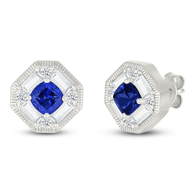 Main Image 2 of Cushion-Cut Blue Lab-Created Sapphire & White Lab-Created Sapphire Octagon Earrings Sterling Silver