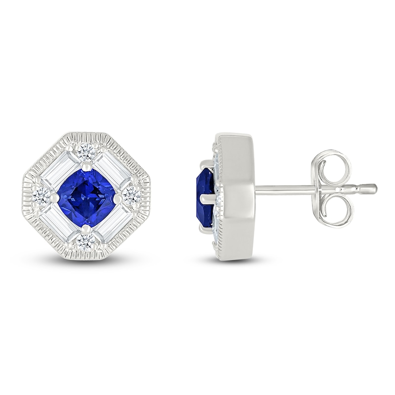 Main Image 3 of Cushion-Cut Blue Lab-Created Sapphire & White Lab-Created Sapphire Octagon Earrings Sterling Silver