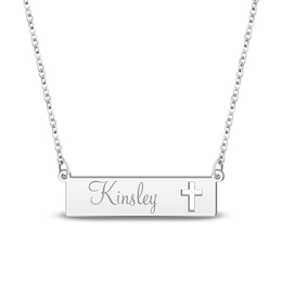 Engravable Name Bar Necklace with Cross Cutout Sterling Silver 18&quot;