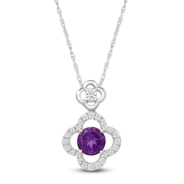 Natural Amethyst & White Lab-Created Sapphire Clover Halo Necklace Sterling Silver 18&quot;