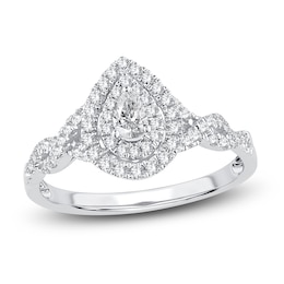 Diamond Halo Engagement Ring 3/8 ct tw Pear/Round 14K White Gold