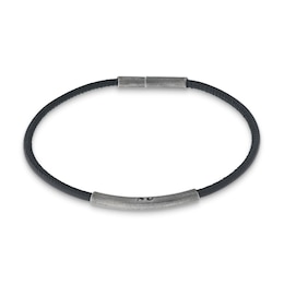 Marco Dal Maso Men's Thin Black Leather Bracelet Sterling Silver 8&quot;