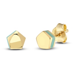 Pentagon Stud Earrings Turquoise Enamel 14K Yellow Gold