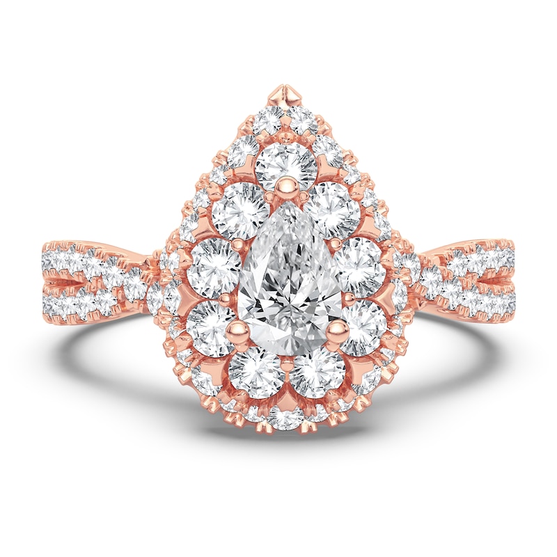 Main Image 3 of Diamond Double Halo Engagement Ring 1 ct tw Pear/Round 14K Rose Gold