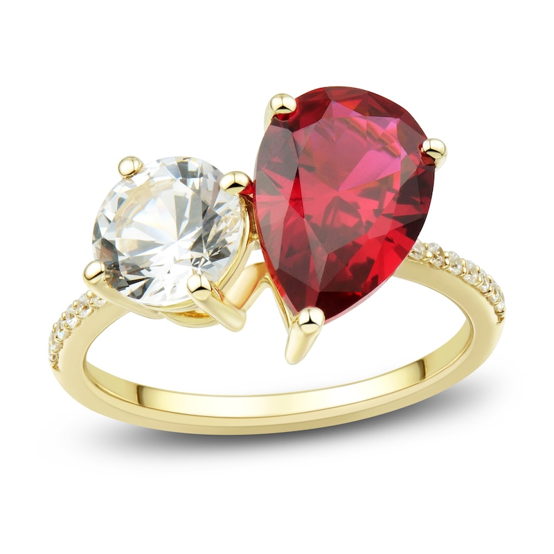 White Lab-Created Sapphire & Lab-Created Ruby Ring 1/15 ct tw Diamonds 10K Yellow Gold