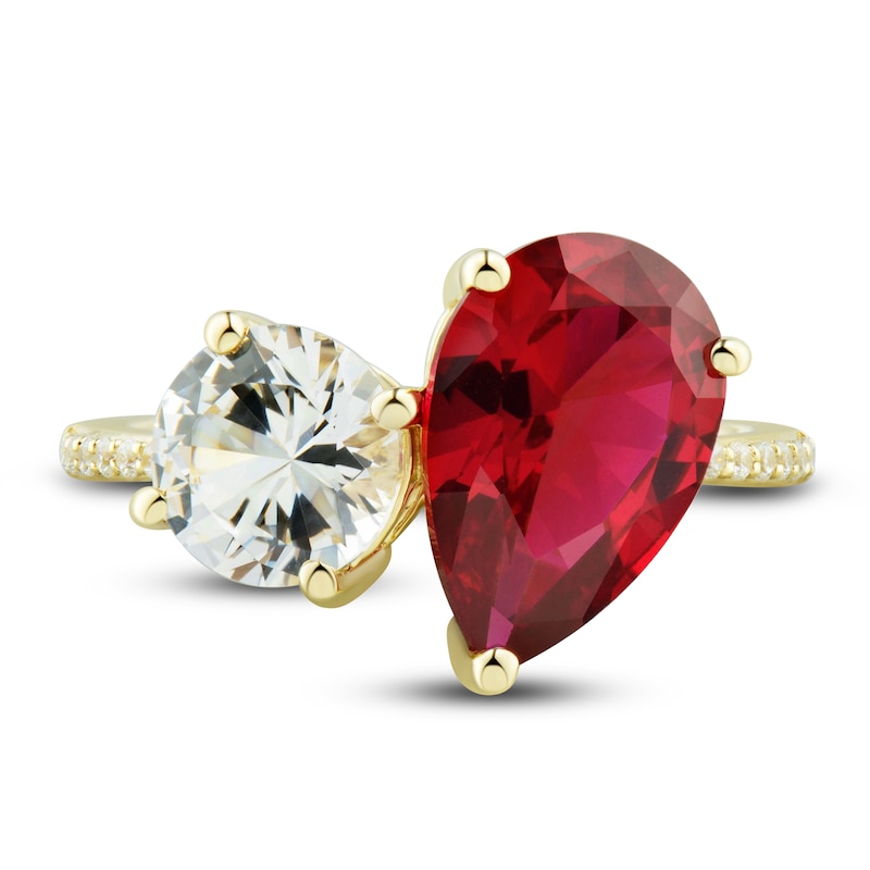 Main Image 2 of White Lab-Created Sapphire & Lab-Created Ruby Ring 1/15 ct tw Diamonds 10K Yellow Gold