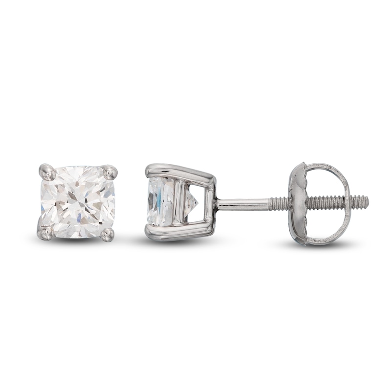 Main Image 2 of Lab-Created Diamond Solitaire Stud Earrings 1 ct tw Cushion 14K White Gold (SI2/F)