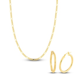 Figaro Chain Necklace & Hoop Earring Set 14K Yellow Gold 3.9mm