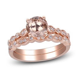 Natural Morganite & Diamond Milgrain Bridal Set 1/5 ct tw 14K Rose Gold