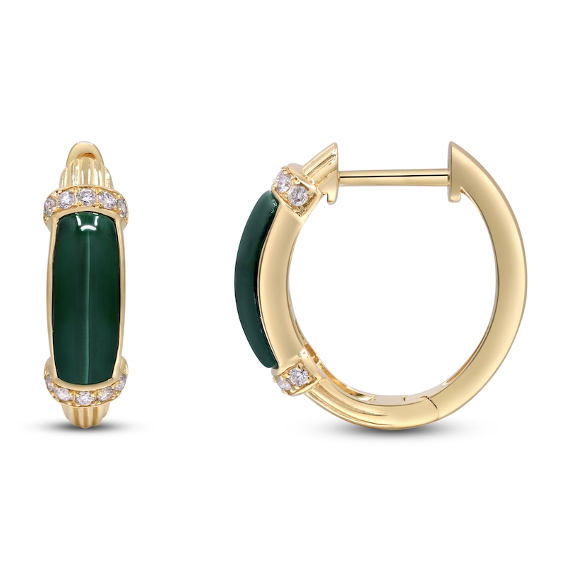 Main Image 3 of Natural Malachite & Diamond Hoop Earrings 1/8 ct tw 14K Yellow Gold