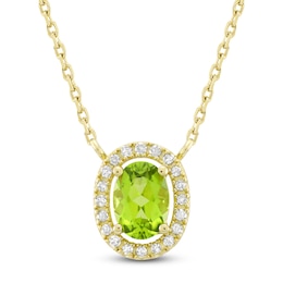 Oval-Cut Natural Peridot & Diamond Halo Necklace 1/10 ct tw 10K Yellow Gold 18&quot;