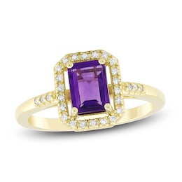 Rectangle-Cut Natural Amethyst & Diamond Ring 1/10 ct tw 10K Yellow Gold