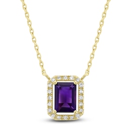 Rectangle-Cut Natural Amethyst & Diamond Necklace 1/10 ct tw 10K Yellow Gold 18&quot;