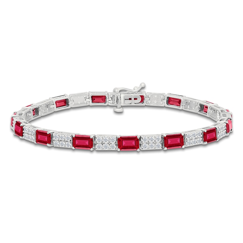 Main Image 1 of Rectangle-Cut Lab-Created Ruby & White Lab-Created Sapphire Bracelet Sterling Silver 7.25&quot;