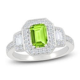 Rectangle-Cut Natural Peridot & White Lab-Created Sapphire Halo Ring Sterling Silver