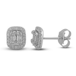 Diamond Stud Earrings 1/3 ct tw Round/Baguette 14K White Gold