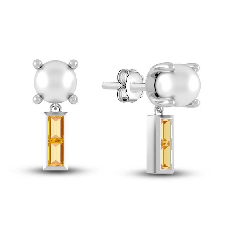 Juliette Maison Natural Citrine Baguette and Freshwater Cultured Pearl Earrings 10K White Gold
