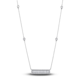 Diamond Bar Necklace 1 ct tw Baguette/Round 14K White Gold 18&quot;