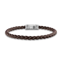 1933 by Esquire Men's Woven Brown Leather Bracelet Sterling Silver 8.5&quot;