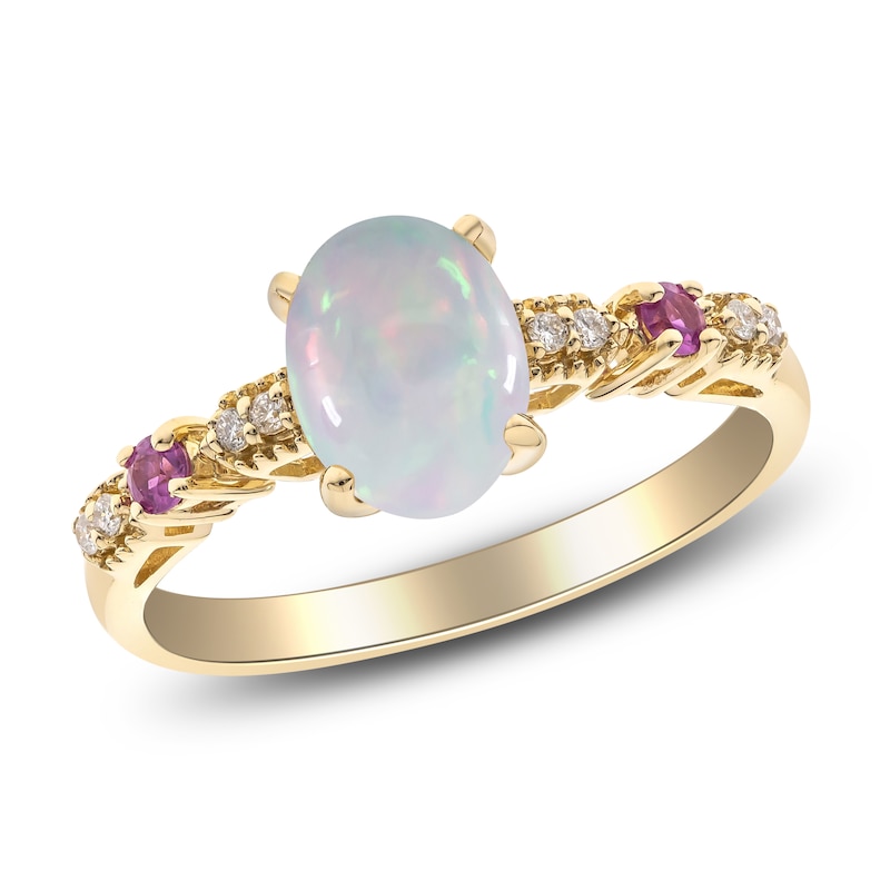 Main Image 2 of Natural Opal, Natural Pink Sapphire & Diamond Ring 1/20 ct tw 14K Yellow Gold