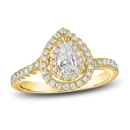 Pear & Round-Cut Diamond Double Halo Engagement Ring 7/8 ct tw 14K Yellow Gold