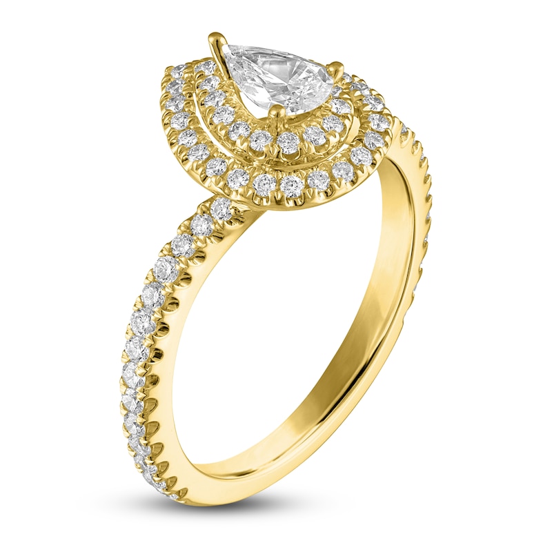 Pear & Round-Cut Diamond Double Halo Engagement Ring 7/8 ct tw 14K Yellow Gold