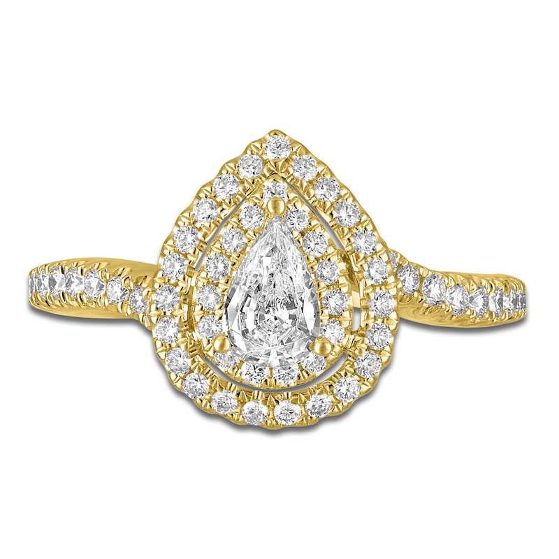 Pear & Round-Cut Diamond Double Halo Engagement Ring 7/8 ct tw 14K Yellow Gold