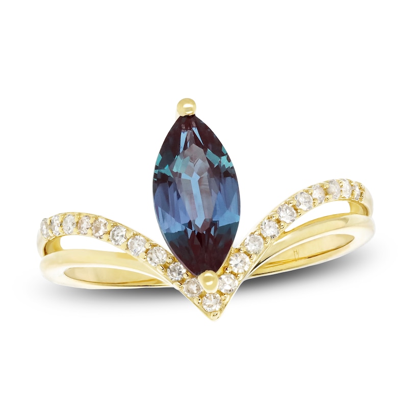 Main Image 1 of Marquise-Cut Lab-Created Alexandrite & Diamond Chevron Ring 1/6 ct tw 10K Yellow Gold