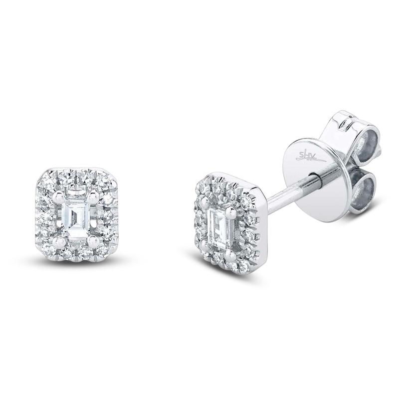 Main Image 1 of Shy Creation Baguette-Cut Diamond Halo Stud Earrings 1/10 ct tw 14K White Gold SC55012154