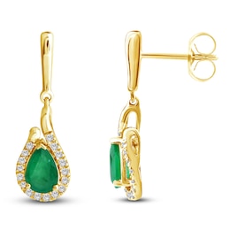 Pear-Shaped Natural Emerald & Diamond Dangle Earrings 1/8 ct tw 14K Yellow Gold