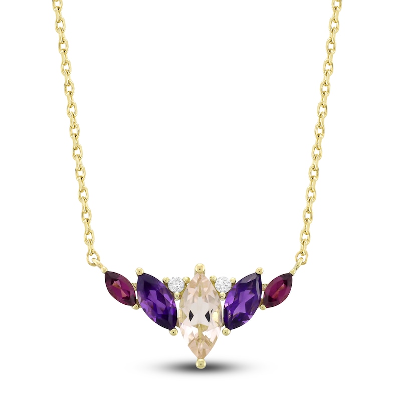 Main Image 1 of Marquise-Cut Natural Morganite, Amethyst, Rhodolite Garnet & Diamond Accent Necklace 14K Yellow Gold 18&quot;