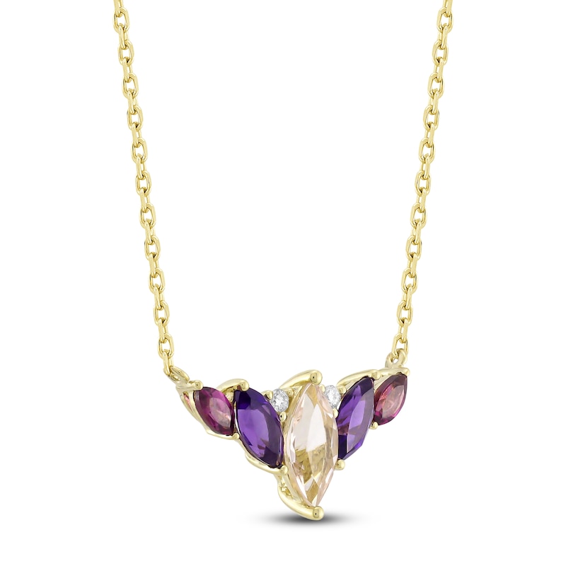 Main Image 2 of Marquise-Cut Natural Morganite, Amethyst, Rhodolite Garnet & Diamond Accent Necklace 14K Yellow Gold 18&quot;