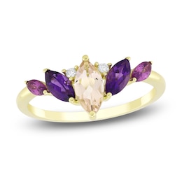 Marquise-Cut Natural Morganite, Amethyst, Rhodolite Garnet & Diamond Accent Ring 14K Yellow Gold