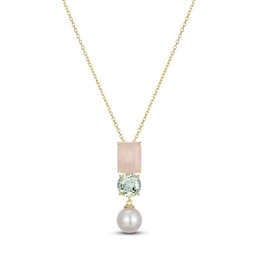 Rectangle-Cut Natural Rose Quartz, Round-Cut Natural Green Quartz & Cultured Pearl Necklace 14K Yellow Gold 18&quot;