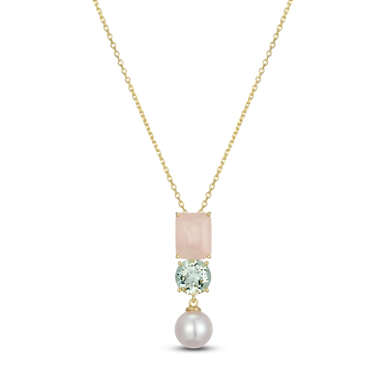 Main Image 1 of Rectangle-Cut Natural Rose Quartz, Round-Cut Natural Green Quartz & Cultured Pearl Necklace 14K Yellow Gold 18&quot;