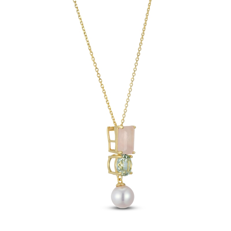 Main Image 2 of Rectangle-Cut Natural Rose Quartz, Round-Cut Natural Green Quartz & Cultured Pearl Necklace 14K Yellow Gold 18&quot;