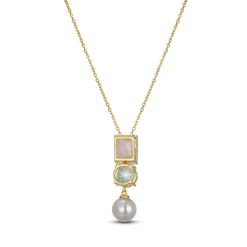 Main Image 4 of Rectangle-Cut Natural Rose Quartz, Round-Cut Natural Green Quartz & Cultured Pearl Necklace 14K Yellow Gold 18&quot;