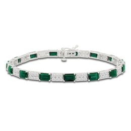 Rectangle-Cut Lab-Created Emerald & White Lab-Created Sapphire Bracelet Sterling Silver 7.25&quot;