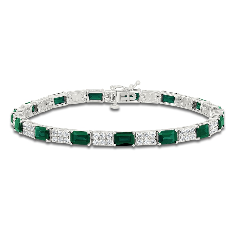 Main Image 1 of Rectangle-Cut Lab-Created Emerald & White Lab-Created Sapphire Bracelet Sterling Silver 7.25&quot;