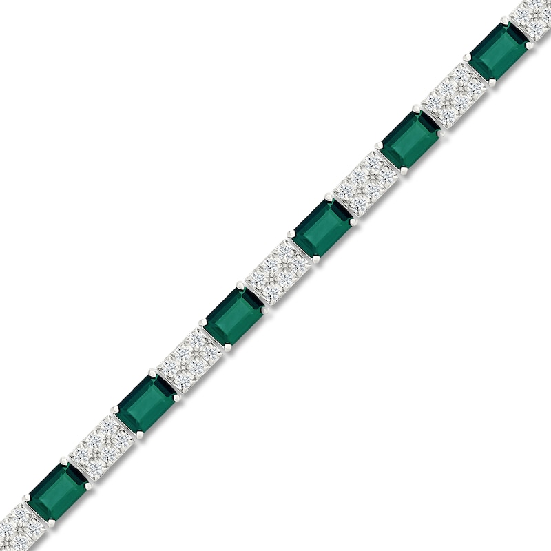 Main Image 2 of Rectangle-Cut Lab-Created Emerald & White Lab-Created Sapphire Bracelet Sterling Silver 7.25&quot;