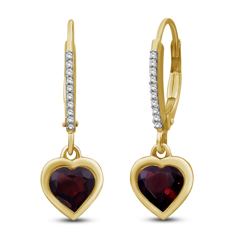 Main Image 1 of Heart-Shaped Natural Garnet & Diamond Dangle Earrings 1/10 ct tw 10K Yellow Gold