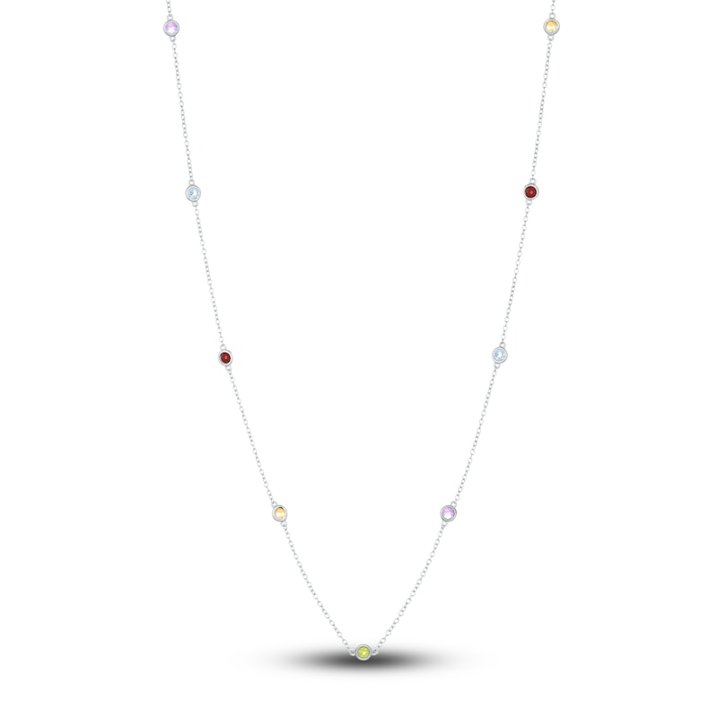 Natural Multi-Gemstone Station Necklace Sterling Silver 18"